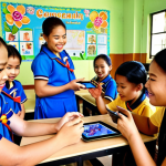 Inclusive Classroom Setting**

A vibrant and welcoming classroom in Thailand. A teacher interacts with a diverse group of students, including children with visible disabilities. Some students are using assistive technology (e.g., tablets with educational apps). The environment is decorated with colorful posters and learning materials in Thai. Focus on creating a supportive and engaging atmosphere.

**