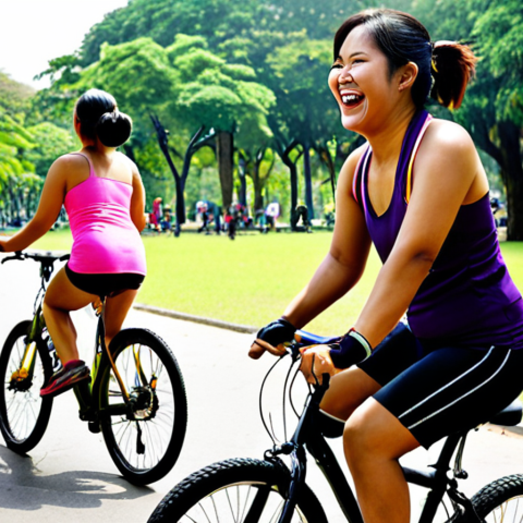 **

Prompt: A diverse group of Thai friends laughing and exercising together in a park in Bangkok. Some are cycling near Lumpini Park, some are attending an outdoor Zumba class. Bright, sunny day. Focus on joyful movement and community.

**