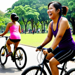 **

Prompt: A diverse group of Thai friends laughing and exercising together in a park in Bangkok. Some are cycling near Lumpini Park, some are attending an outdoor Zumba class. Bright, sunny day. Focus on joyful movement and community.

**