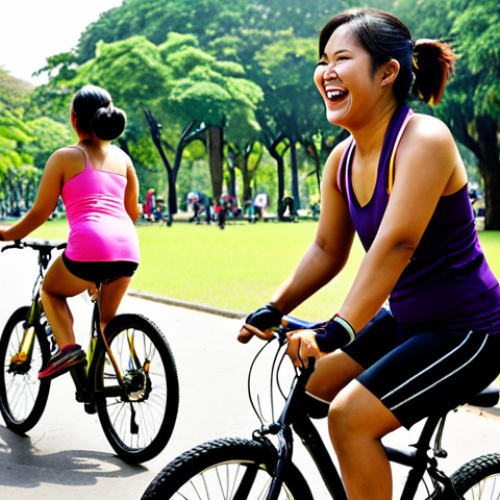 **

Prompt: A diverse group of Thai friends laughing and exercising together in a park in Bangkok. Some are cycling near Lumpini Park, some are attending an outdoor Zumba class. Bright, sunny day. Focus on joyful movement and community.

**