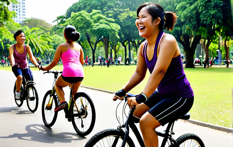 **

Prompt: A diverse group of Thai friends laughing and exercising together in a park in Bangkok. Some are cycling near Lumpini Park, some are attending an outdoor Zumba class. Bright, sunny day. Focus on joyful movement and community.

**