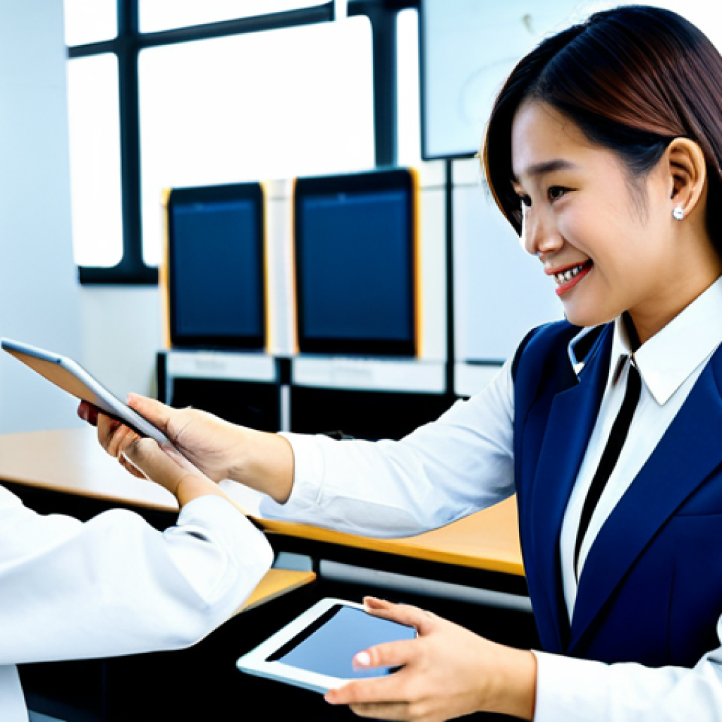 A diverse group of professional Thai educators and enthusiastic students engaging in a dynamic digital learning environment. The teachers, fully clothed in modest, modern professional attire, are guiding students who are actively using tablets and interactive screens. The classroom is bright and futuristic, with visible elements of AI integration in the learning tools. The scene embodies the future of education, fostering collaboration and knowledge acquisition. The focus is on the positive interaction and advanced learning tools. Safe for work, appropriate content, fully clothed, professional, perfect anatomy, correct proportions, natural pose, well-formed hands, proper finger count, natural body proportions, high-quality, professional photography, realistic.