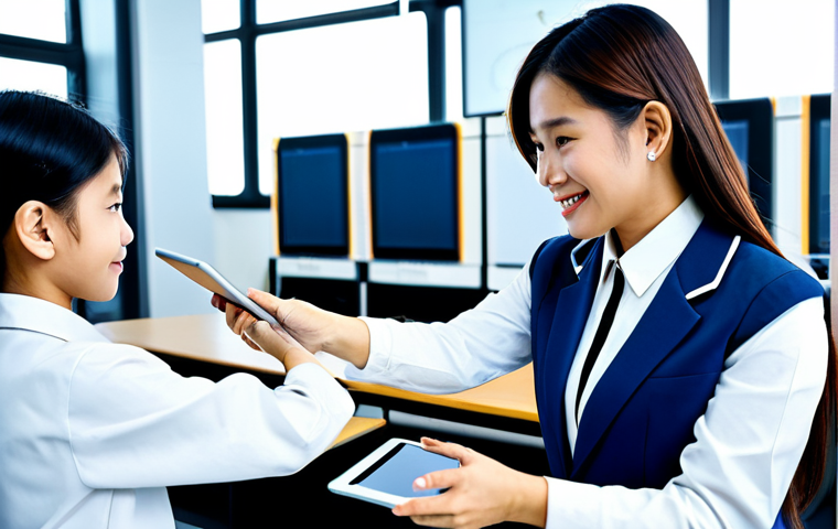 A diverse group of professional Thai educators and enthusiastic students engaging in a dynamic digital learning environment. The teachers, fully clothed in modest, modern professional attire, are guiding students who are actively using tablets and interactive screens. The classroom is bright and futuristic, with visible elements of AI integration in the learning tools. The scene embodies the future of education, fostering collaboration and knowledge acquisition. The focus is on the positive interaction and advanced learning tools. Safe for work, appropriate content, fully clothed, professional, perfect anatomy, correct proportions, natural pose, well-formed hands, proper finger count, natural body proportions, high-quality, professional photography, realistic.