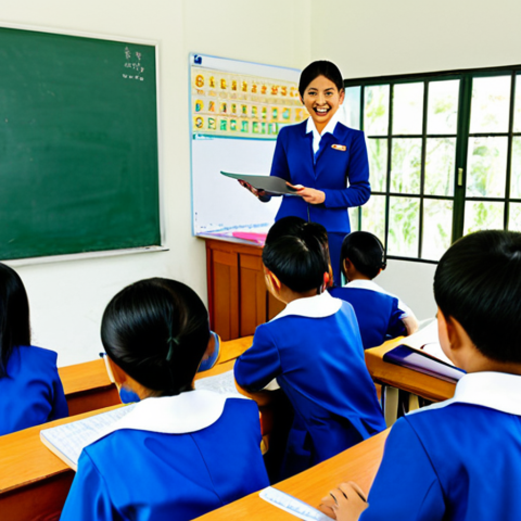 **

"A Thai teacher, fully clothed in a professional and modest outfit, using a tablet to teach a lesson in a bright, modern classroom filled with smiling, attentive students in school uniforms. The classroom features colourful Thai educational posters and a large screen displaying an informative infographic. Safe for work, appropriate content, perfect anatomy, natural proportions, professional, family-friendly."

**