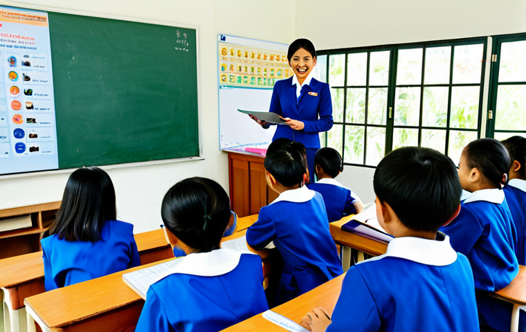 **

"A Thai teacher, fully clothed in a professional and modest outfit, using a tablet to teach a lesson in a bright, modern classroom filled with smiling, attentive students in school uniforms. The classroom features colourful Thai educational posters and a large screen displaying an informative infographic. Safe for work, appropriate content, perfect anatomy, natural proportions, professional, family-friendly."

**