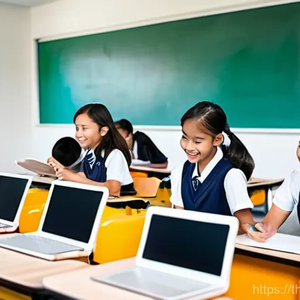 인공지능과 학습 개인화 - **Prompt:** A diverse group of cheerful Thai students, ranging from elementary to high school age, a...