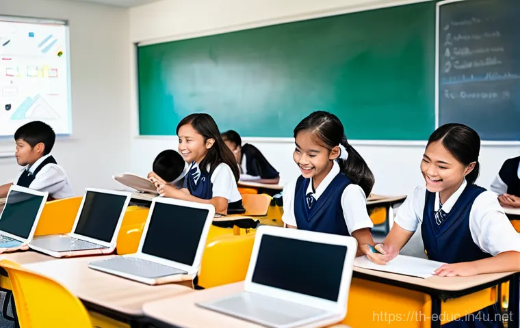 인공지능과 학습 개인화 - **Prompt:** A diverse group of cheerful Thai students, ranging from elementary to high school age, a...
