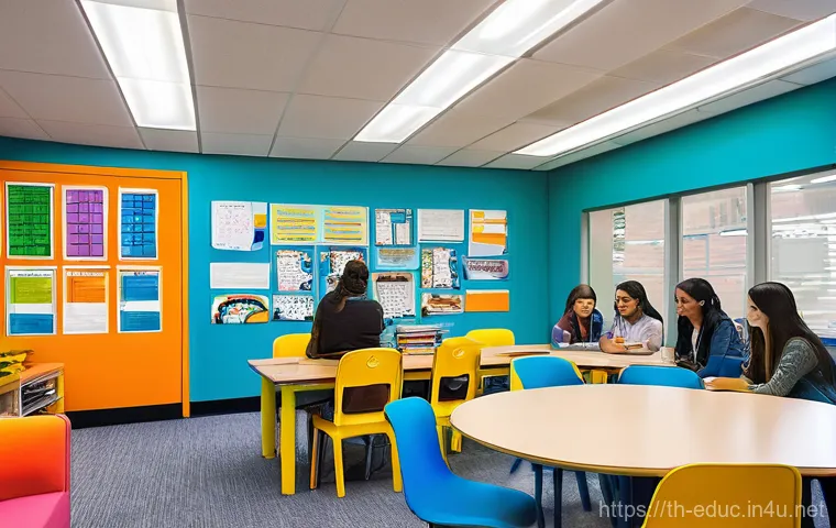 교수법 연구 동향 - **Prompt:** A modern high school classroom (ages 15-17) where technology seamlessly integrates into ...