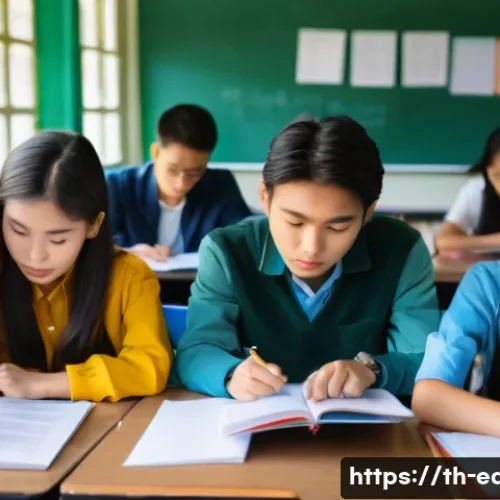 Home 28 교실 내 갈등 해결법 - A vibrant, detailed high-angle shot capturing a group of diverse Thai high school students (both mal...