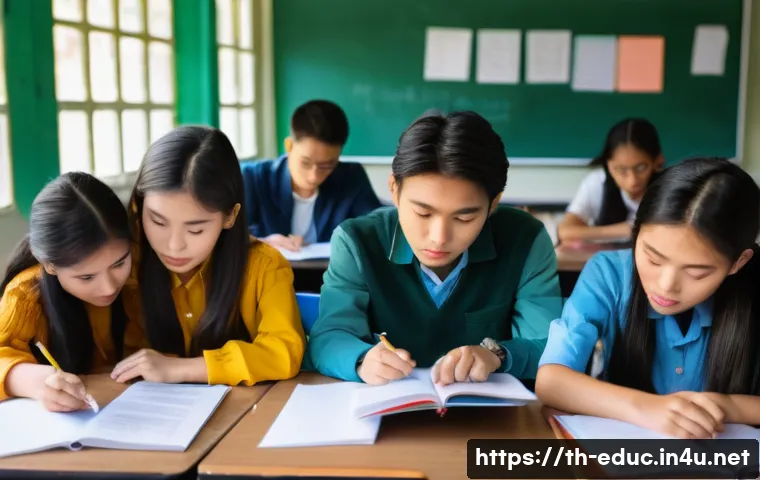 교실 내 갈등 해결법 - A vibrant, detailed high-angle shot capturing a group of diverse Thai high school students (both mal...