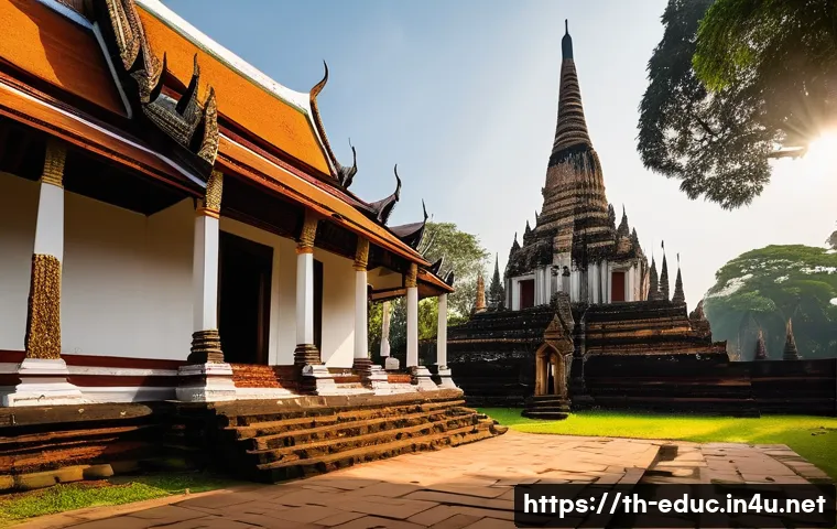 역사 교육과 다문화 - **Prompt:** A serene, wide-angle shot of a beautifully preserved ancient Thai temple complex, simila...