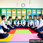 Home 16 심리적 안전과 교육 - A warm, inclusive classroom scene in a modern Thai elementary school setting, showing diverse young ...