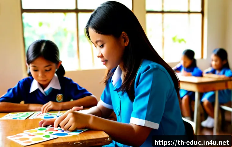 Home 15 학습 부진아 지원 방법 - Photorealistic Thai elementary school classroom, caring female teacher sitting beside a young studen...